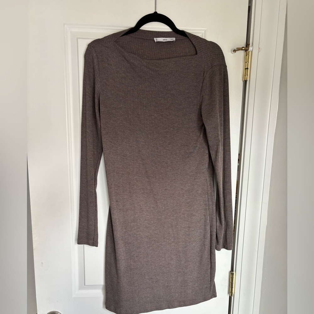 Mango Jersey knit boat neck dress in brown.